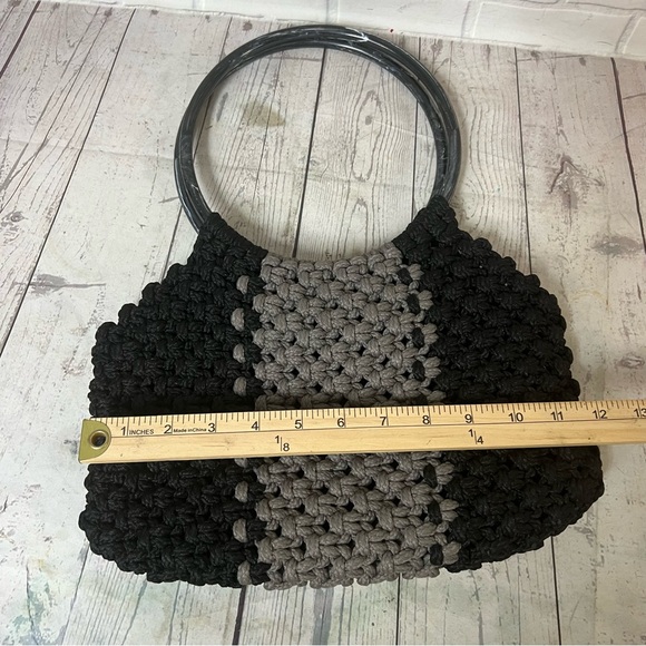 Vintage Macrame Handbag Purse Black Gray Bag Handmade Boho Round Handles MCM - Picture 5 of 13